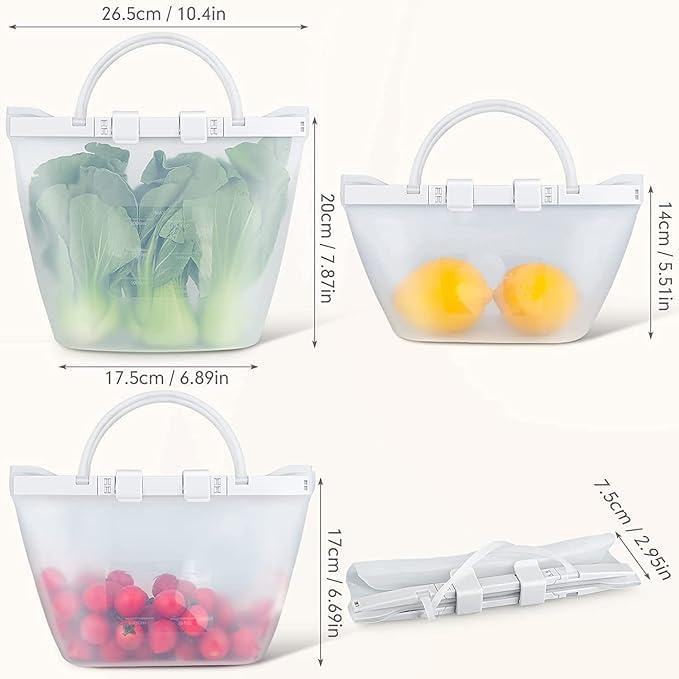Reusable Silicone Leakproof Food Storage SnapBags Airtight Odorless Bag Stand-Up Bags Flat Bottom Reusable Ziplock Freezer Bag, Dishwasher Safe Bags Reusable Sous Vide Bags