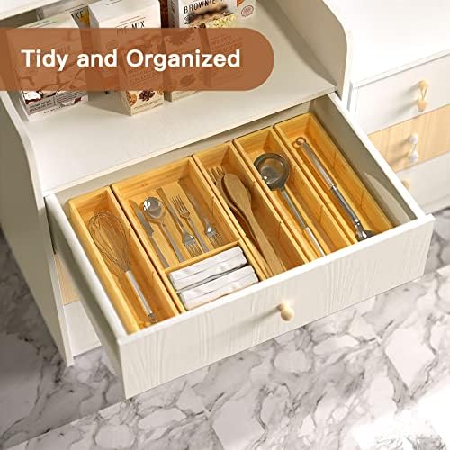 DUJEN 5 pieces Bamboo Drawer Organizer, Adjustable 3 Individual Junk Drawer organizer for Bathroom and Kitchen, Wood Drawer Organier Boxes for Jewellery, Make up and Tea Bag - Image 6