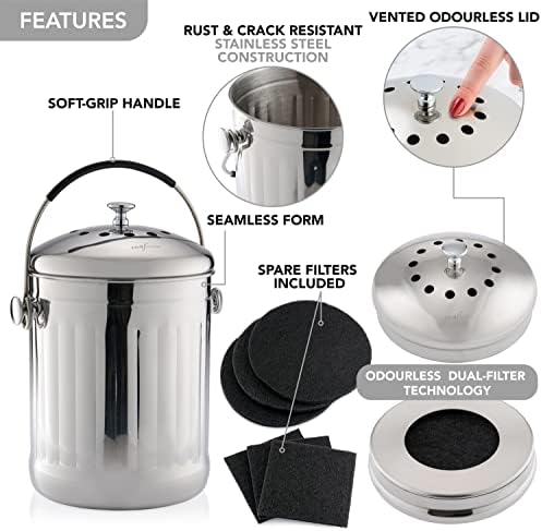 RED FACTOR Premium Compost Bin for Kitchen Countertop - Stainless Steel Food Waste Bucket with Innovative Dual Filter Technology - Includes Spare Filters (Brilliant Steel, 1.3 Gallon) - Image 6