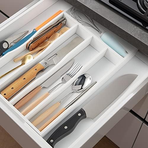 2-Piece Expandable Bamboo Kitchen Drawer Organizer for Cutlery and Utensils, Adjustable Bamboo Wood Cutlery Tray in Drawer for Flatware and Silverware in Kitchen, (White) - Image 4