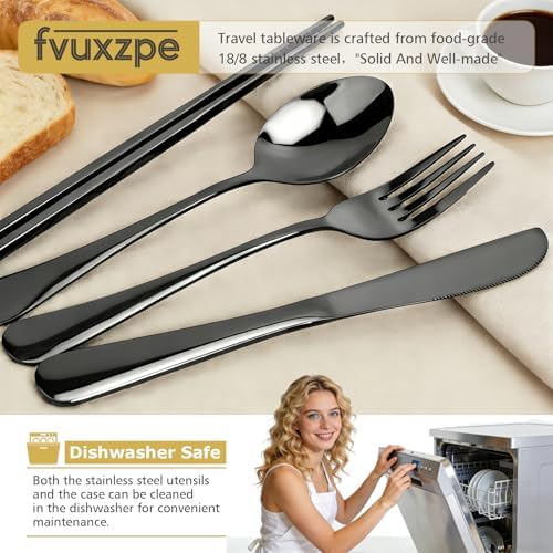 Matte Black 5-Piece Stainless Steel Travel Utensil Set with Waterproof Case, Reusable Portable Flatware Includes Knife, Fork, Spoon, Chopsticks for Camping, Office, Picnic & Daily Use - Image 3