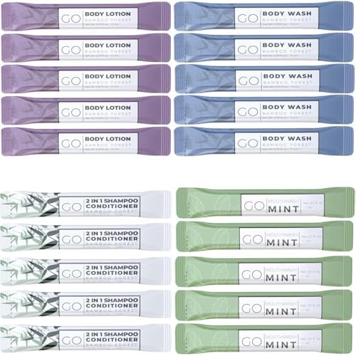 GO Essentials - Men and Women Travel Kit that contains Travel Size Shampoo and Conditioner Set, Mouthwash, Body Wash, and Travel Size Body Lotion Bulk Travel Size Toiletries, Guest and Hotel Supplies by ExershieldSkinCareforSwimmers