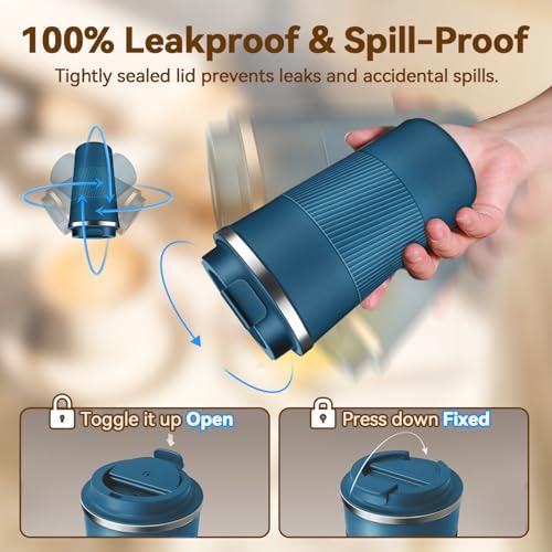 12OZ Travel Coffee Mug Insulated Coffee Cup with Spill Leak Proof Lid, Portable Stainless Steel Tumbler Reusable Hot and Cold Water Mug for Car, Daily, Camping- Blue - Image 4