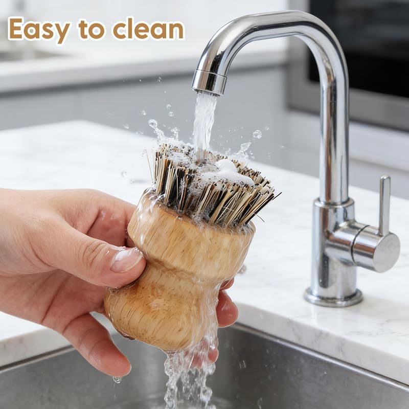 2-Pack Natural Dish Brushes with Bamboo Handle, 1 Sisal & 1 Palm Fiber - Eco-Friendly Kitchen Scrubber Set for Pots, Pans & Non-Stick Cookware, Dual-Use for Tough and Delicate Cleaning - Image 5