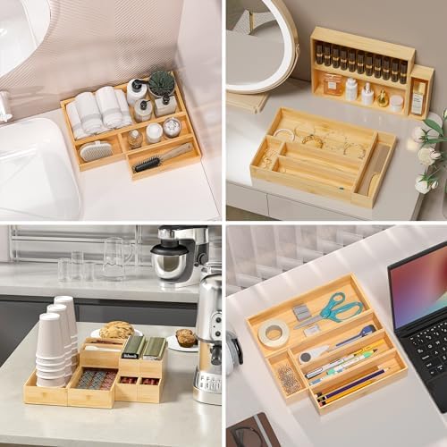 Kitchen Drawer Organizer Bins, Stackable Bamboo Deep Drawer Organizer for Silverware, Utensils, Cutlery, Flatware, Junk Drawer, Dresser, Bathroom, 15" x 6" x 2.5" (Set of 2) - Image 6