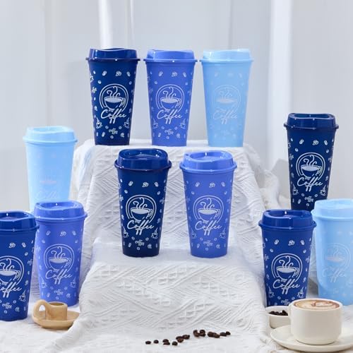 12 Sets Reusable Coffee Cups with Lids, 16oz, Blue Series - Image 4