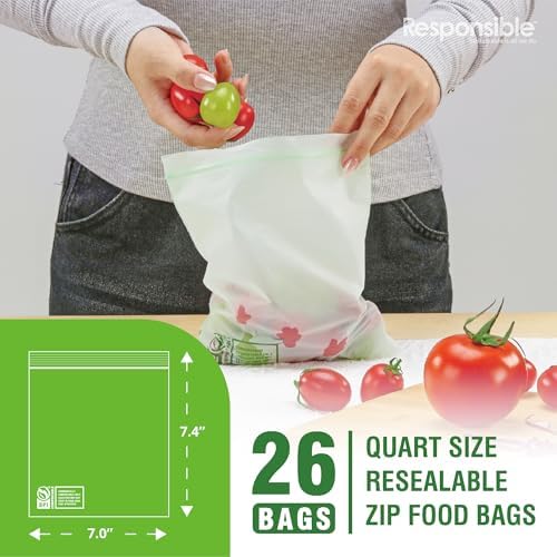 Responsible Products Certified Compostable QUART Resealable Zip Bag, Extra Strength Food Bags, Plant-Based Freezer-Safe (26 Pack) - Image 2