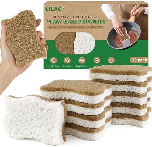 LILAC Natural Cellulose Sponges for Dishes - Ergonomic Non-Scratch Kitchen Scrub Sponges - 100% Biodegradable & Eco-Friendly Cleaning Sponges for Non-Stick Cookware, Bathroom & Household (10 Pack) by LILAC