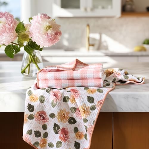 RECYCO Waffle Kitchen Towel Set of 2 - Quick Dry Microfiber Sustainable Dish Towels - Absorbent Reusable Cleaning Tea Towels - Lightweight Hand Towels,16”x 28”, Rose Plaid by RECYCOHOMECOLLECTION