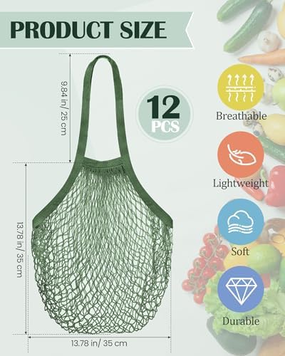 Eccliy 12Pcs Reusable Cotton Mesh Grocery Bag with Handle, Green, 10 in - Image 5