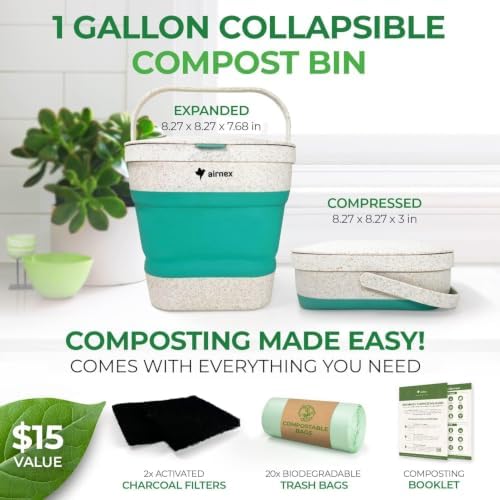 AIRNEX Collapsible Small Compost Bin with Lid - 1 Gallon Compost Bucket Food Waste Caddy Made of Wheat Straw - Odorless Counter Top Compost Bin for Kitchen with 20 Compost Bags and 2 Carbon Filters - Image 2