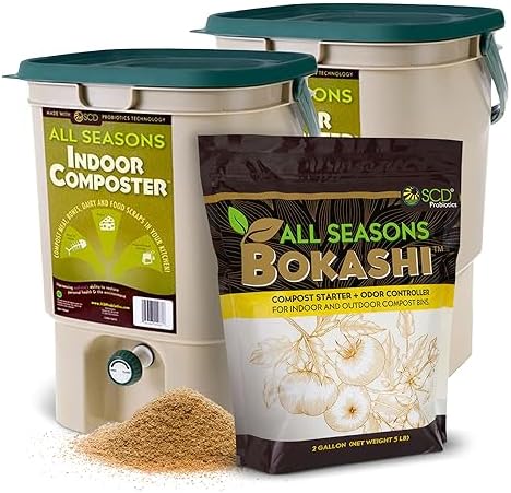 All Seasons Indoor Composter Starter Kit - Two Family-Sized Composting Bins for Kitchen Countertop and Bokashi Bran Starter 5 lb (2 gallons), Easily Compost Food After Every Meal, Odor Free by SCDProbiotics