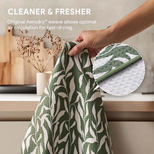 RECYCO Waffle Kitchen Towel Set of 2 - Quick Dry Microfiber Sustainable Dish Towels - Ultra Absorbent Reusable Cleaning Tea Towels - Lightweight Hand Towels,16”x 28”, Peachy Leaves - Image 4