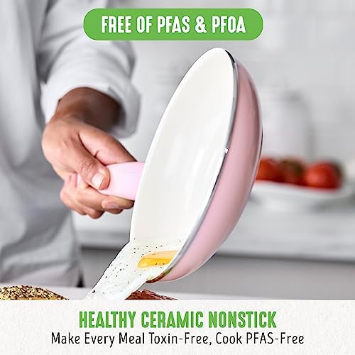 GreenLife Soft Grip Healthy Ceramic Nonstick 18 Piece Kitchen Cookware Pots and Frying Sauce Saute Pans Set, PFAS-Free with Kitchen Utensils and Lid, Dishwasher Safe, Soft Pink - Image 2