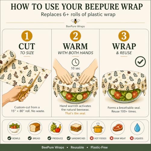 Reusable Beeswax Food Wrap Roll - Cut-to-Size 15 x 80 in, Eco-Friendly Food Storage Wrap, Botanical Plant & Bee Honeycomb Design - Image 6