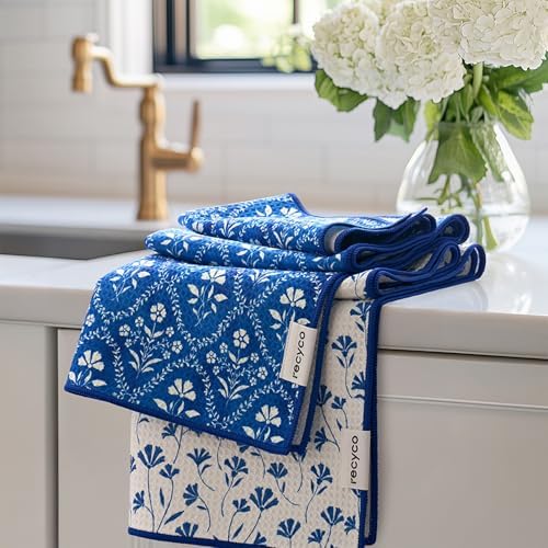 RECYCO Waffle Kitchen Towel Set of 2 - Quick Dry Microfiber Sustainable Dish Towels - Ultra Absorbent Reusable Cleaning Tea Towels - Lightweight Hand Towels,16”x 28”, Coastal Bliss by RECYCOHOMECOLLECTION