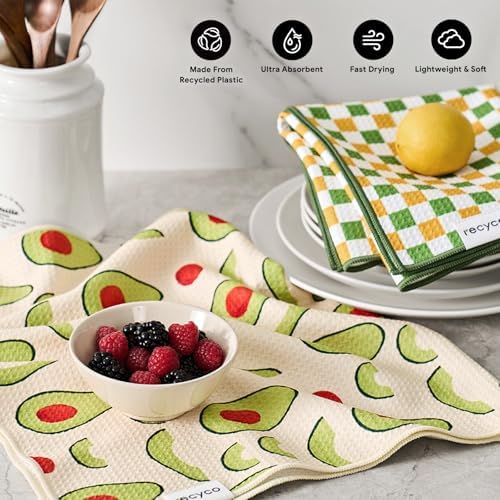 RECYCO Waffle Kitchen Towel Set of 2 - Quick Dry Microfiber Sustainable Dish Towels - Ultra Absorbent Reusable Cleaning Tea Towels - Lightweight Hand Towels,16”x 28”, Avocado Vibes - Image 2