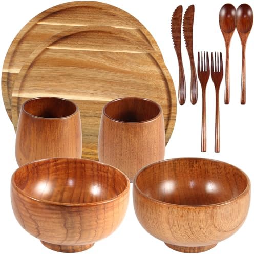 12 Pcs Acacia Wood Dinnerware Set 10 Inch Round Wooden Plates Bowls Tea Cups Fork Spoons Cutlery Knife Acacia Wood Tableware Supplies Easy Cleaning for Dishes Snack Dessert, 2 Set by Unknown