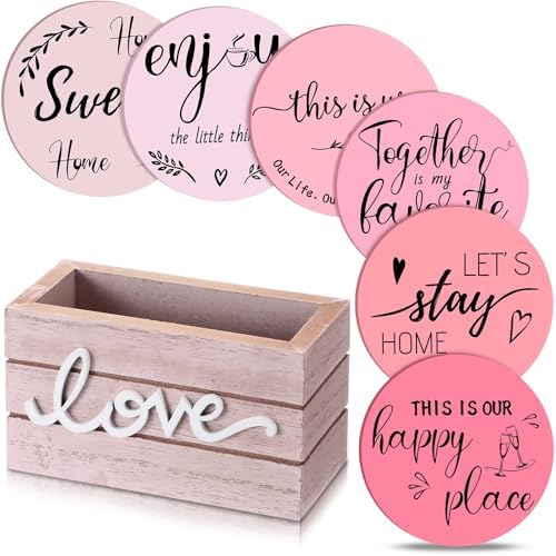 Queekay House Warming Gifts New Home Farmhouse Coasters Set of 6, Pink by Queekay