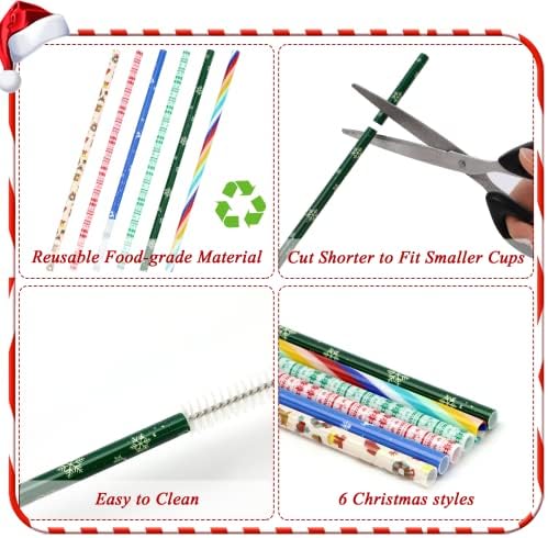 JANYUN 40 Pieces Christmas Straws, BPA-Free 9" Printing Hard Platic Xmas Reusable Drinking Straws for Family or Party Favors Supplies Cleaning Brush Included - Image 4