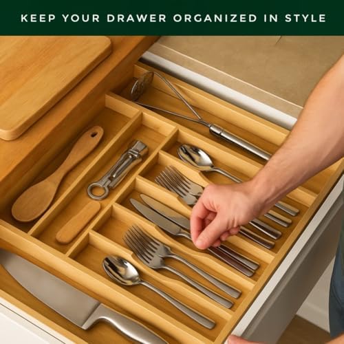 Bamboo Drawer Organizer – Expandable 9 Slot Silverware & Utensil Tray for Kitchen, Office & Kitchen –Fits 13”–19.6” Drawers, Natural Bamboo Wood, Deep Compartments - Durable & Eco-Friendly - Image 4