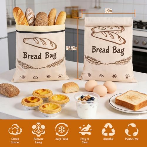 2-Pack Reusable Beeswax Bread Bags for Sourdough & HomemadeBread with Zipper, 16.5 x 13 inch bread bags for Food Storage - Image 2