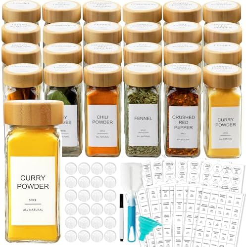 Glass Spice Jars with Bamboo Lid & 398 Label for Cabinet & Drawer Organizer by AISIPRIN