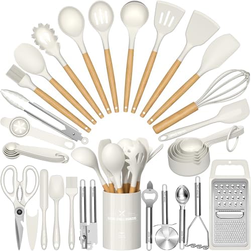 Umite Chef Silicone Kitchen Utensil Set, 34PCS Heat Resistant Kitchen Gadgets and Tools With Grater, Cream White Wood Handles for Nonstick Cookware by UmiteChef