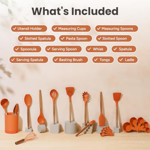 SMIRLY Silicone Kitchen Utensils Set, 22-Piece Acacia Wood Handle, Orange - Image 2