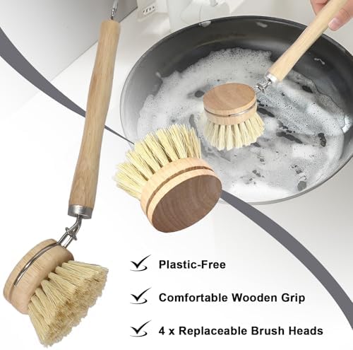5 Pc Wood Dish Brush, 4 Sisal Heads with 1 Handle - Image 3