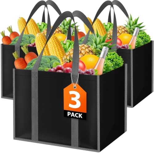 WISELIFE Reusable Grocery Bags, Foldable, Lasting Use, 35L, 3 Pack, Black by WiseLife