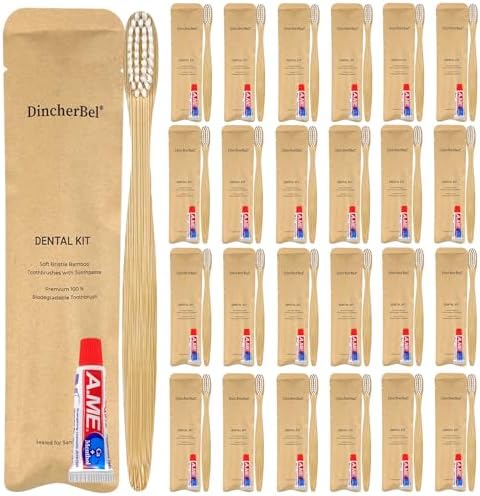 Bamboo Toothbrushes Kit Bulk, 50 Disposable Toothbrushes with Toothpaste by DincherBel