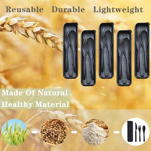 Reusable Travel Utensils Set with Case Wheat Straw Fork Spoon Knife Cutlery - Image 2