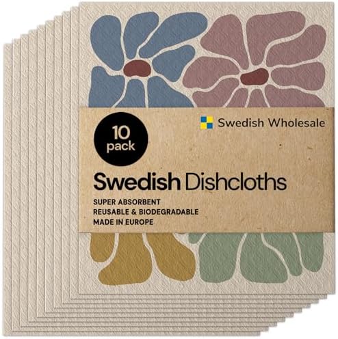 Swedish Wholesale Dishcloths Reusable 8" x 7" Sponge Cloths, Bulk 10 Pack of High Absorbent Cellulose Dish & Kitchen Cleaning Hand Towels, Wring to Dry & Machine Wash, Odor Resistant, Retro Flower by SwedishWholesale