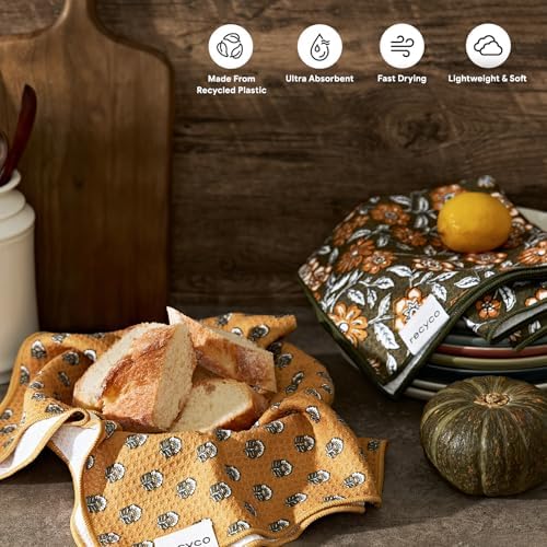 RECYCO Waffle Kitchen Towel Set of 2 - Quick Dry Microfiber Sustainable Dish Towels - Ultra Absorbent Reusable Cleaning Tea Towels - Lightweight Hand Towels,16”x 28”, Amber Flora - Image 2