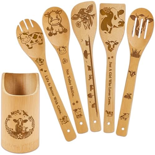 Cow Kitchen Decor Bamboo Wooden Spoons With Utensil Holder- Cow Kitchen Accessories for Cooking-Home Decorations Gifts for Women-Housewarming,Birthday,Easter,Mothers Day Gift（6PCS） by DudjotcHome