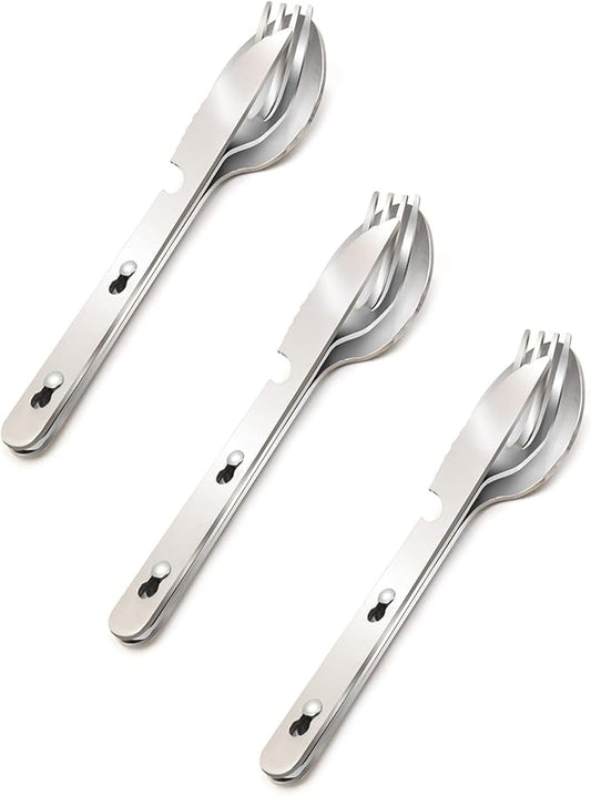 KINLINK 4-in-1 Camping Utensils 3-Pack, Portable Stainless Steel Spoon, Fork, Knife & Bottle Opener Combo Set, Travel/Camping/Hiking/Picnic/Barbecue/Outdoor Backpacking Utensils with Carrying Bag