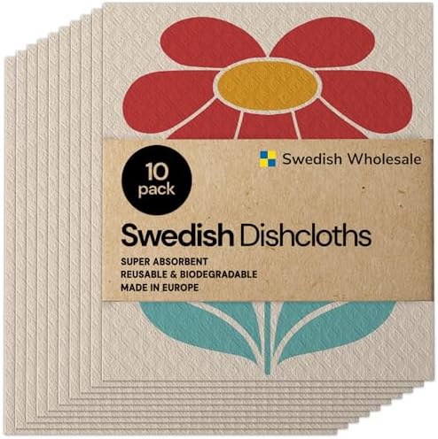 Swedish Wholesale Dishcloths Reusable 8" x 7" Sponge Cloths, Bulk 10 Pack of High Absorbent Cellulose Dish & Kitchen Cleaning Hand Towels, Wring to Dry & Machine Wash, Odor Resistant, Red Flower by SwedishWholesale