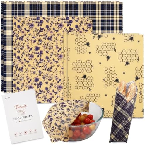 6 Pack 4L & 2XL Reusable Beeswax Wraps for Food, Reusable Beeswax Food Wraps for Bread, Cheese, Fruits, Zero Waste, Plastic-Free Storage, Natural Cotton with Plaid, Floral & Bee Patterns by Tyzarglef