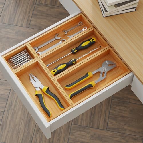 Bamboo Drawer Organizer Boxes, 5 PCS Junk Drawer Organizer, Wooden Storage Trays for Kitchen, Bathroom, Office, Makeup - Image 6