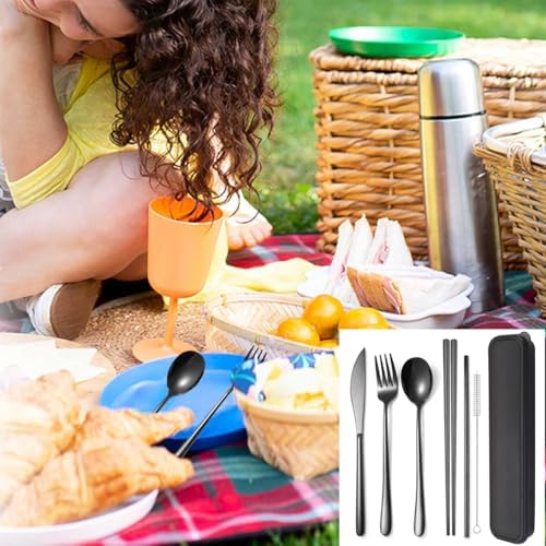 AARAINBOW 6 Pieces 18/8 Stainless Steel Flatware Set Portable Reusable Cutlery Set Travel Utensils Set Including Chopsticks Knife Fork Spoon Straws Cleaning Brush Dishwasher Safe (Black) - Image 4