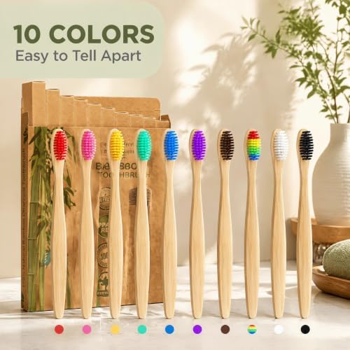 10 Vibrant Colors Bamboo Toothbrushes | BPA Free Soft Bristles Toothbrushes | Biodegradable & Compostable Eco-Friendly Toothbrushes | Natural Wooden Toothbrush - 100% Recycled Packaging - Image 2