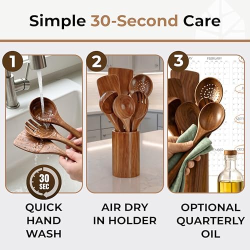 Wooden Utensil Set, 8 Pcs Teak Wooden Spoons for Cooking with Holder - Image 4