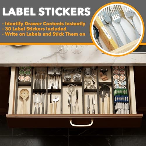 SpaceAid Bamboo Drawer Dividers with Inserts and Labels, Kitchen Adjustable Drawer Organizers, Expandable Organization for Home, Office, Dressers, 10 Dividers with 24 Inserts (17"-22" Black) - Image 3