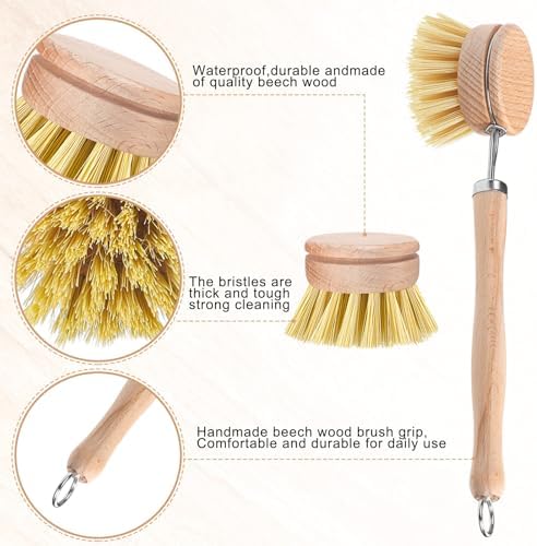 Boao 6 Pack Dish Brush with Beechwood Handle with Replacement Heads Natural Wood Dish Scrub Brush for Washing and Cleaning Pots and Pans - Image 3
