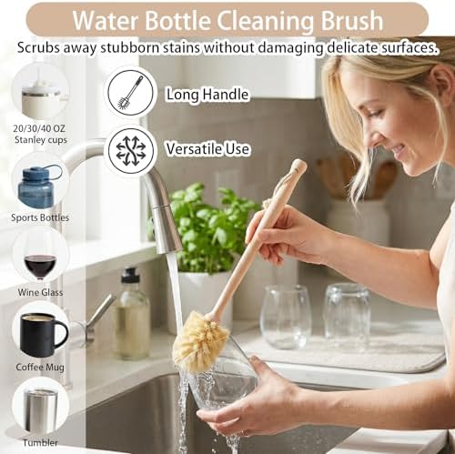7-Piece Bamboo Dish Brush Set, Natural Kitchen Scrub Brush Kit with Wooden Handle for Pots, Pans, Vegetables, Eco-Friendly Cleaning Tools - Image 5