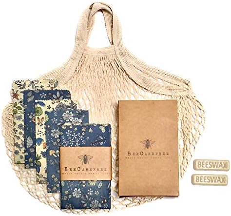 4-Pack Reusable Beeswax Wraps with Produce Bag & 2 Beeswax Bars by Bee+Carefree