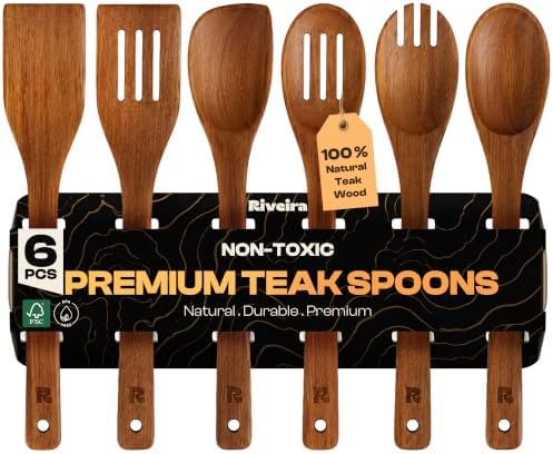 Riveira Teak Wooden Spoons for Cooking Set of 6 – Natural Teak Wooden Cooking Utensils, Wooden Spatula, Wooden Spoon - Premium Quality Utensil Set for Non-Toxic Cooking by Riveira