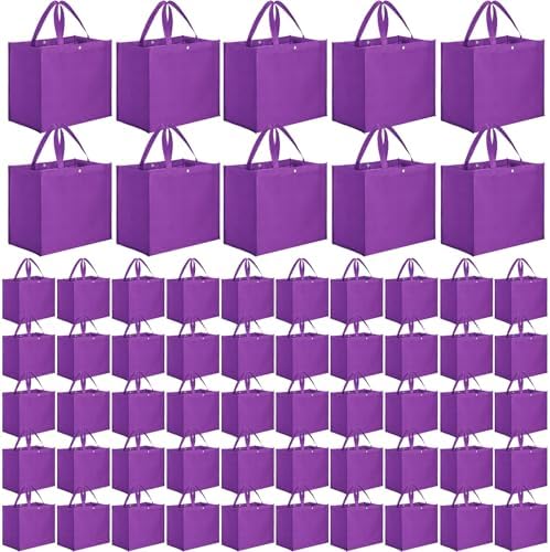 Zhehao 60 Pcs Reusable Grocery Shopping Bags Large Foldable Gift Tote Non Woven Fabric Bags with Handle and Plastic Button for Birthdays, Bridesmaids, Party Favors, 15 x 9.5 x 13 Inch (Purple) by Zhehao