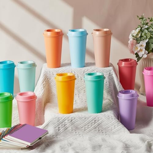 FillTouch 12 Pcs 16 oz Reusable Coffee Cups with Lids, Soft Tones - Image 4